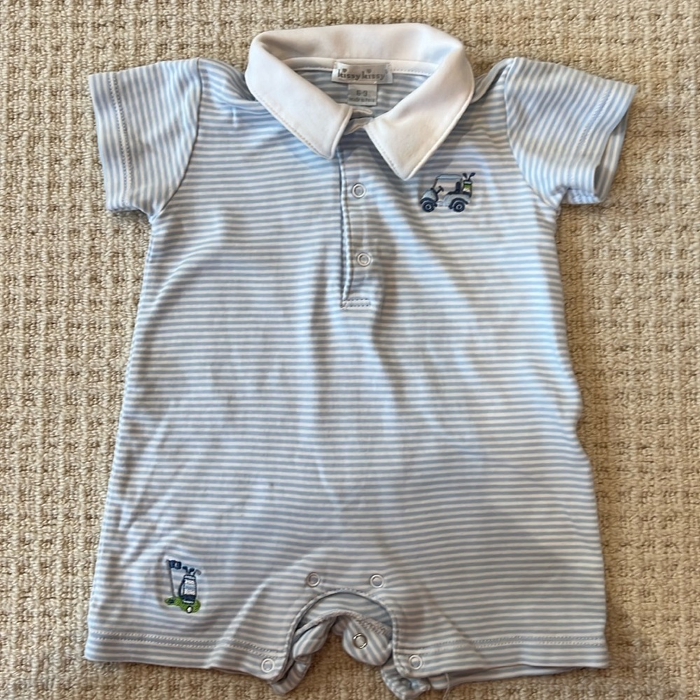 Kissy Kissy boys golf romper. Size 6-9 months. Blue and white striped.